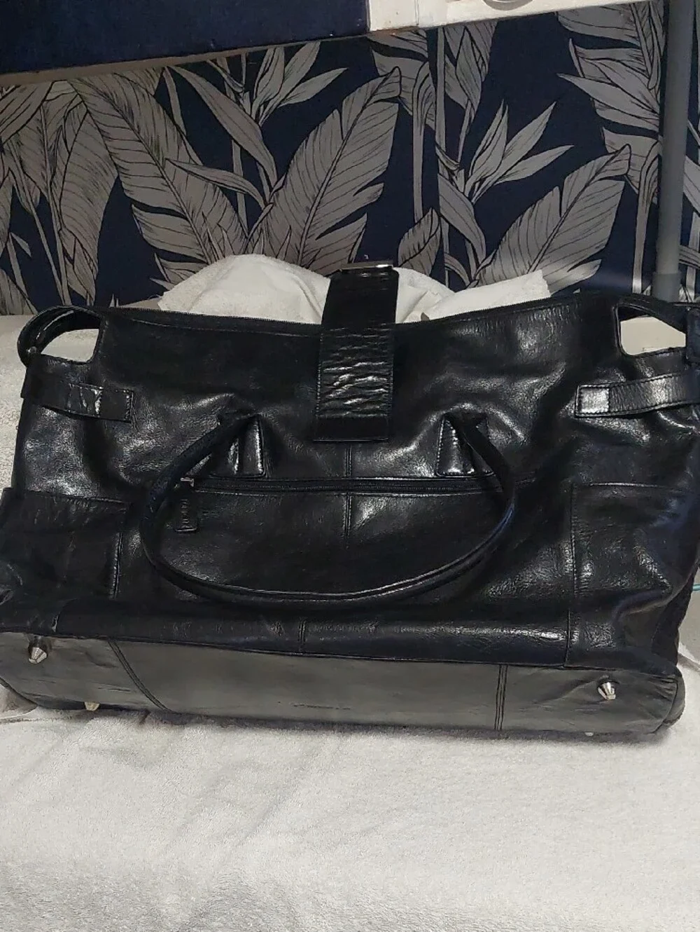 Structured Black Leather Laptop Tote Bag with Front Flap Pocket